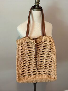 Mango Beige Woven Shoulder Bag with Brown Leather Straps